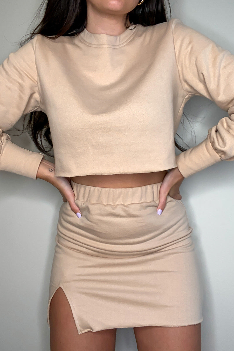 Nude Crop Sweater & Matching Slit Skirt