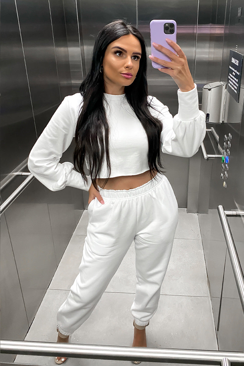 White Cropped Lounge Jogger Top