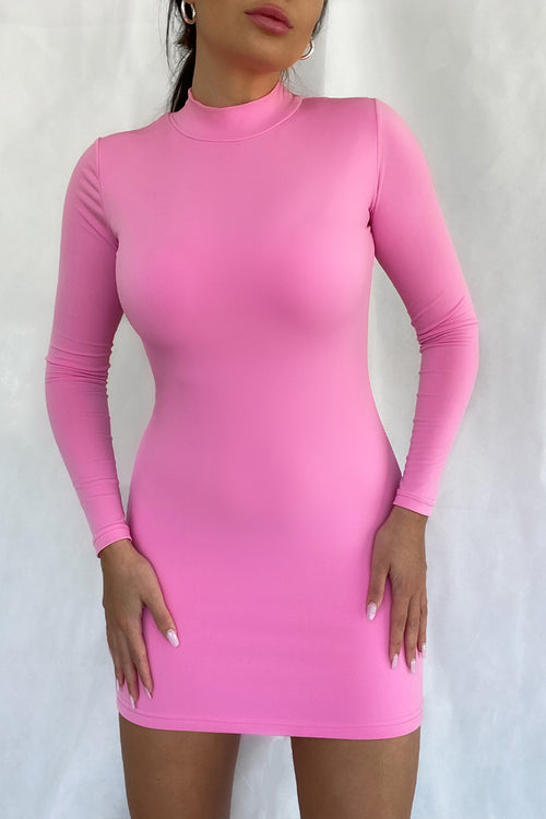 Barbie Pink High Neck Long Sleeve Bodycon Dress