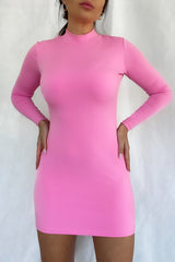 Barbie Pink High Neck Long Sleeve Bodycon Dress